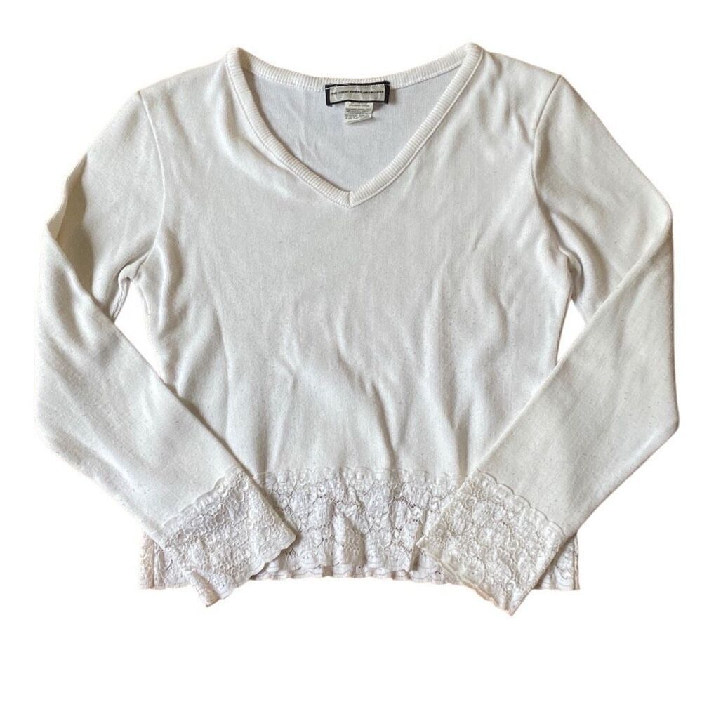 Vtg 90s Great American Sweater Co White V neck crop knit lace GAS Medium